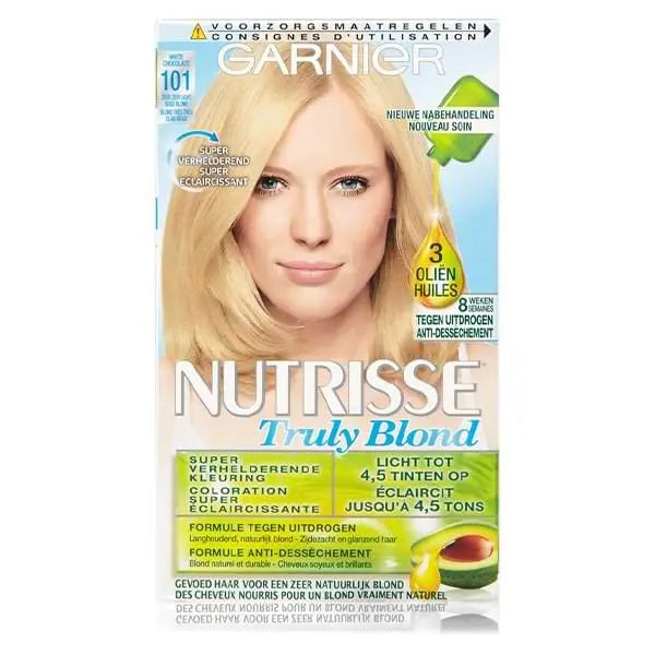 GARNIER<br> <b> NUTRISSE Truly Blond white chocolate 101</b><br><h5>Coloration cheveux-60/40/40ml</h5>Origine France <img style="vertical-align: middle;" src=" https://shorturl.at/bDMR9">