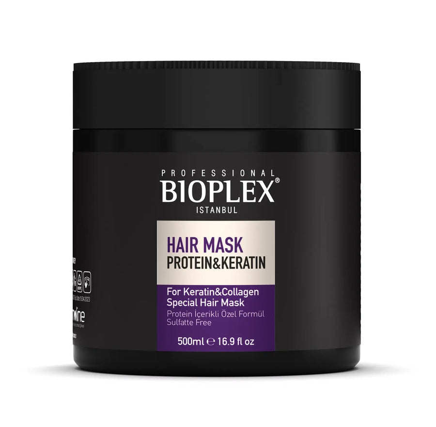 BIOPLEX<br> <b> HAIR MASK PROTEIN & KERATIN</b><br><h5>tous les types de cheveux-500ml</h5>ORIGINE Turquie <img style="vertical-align: middle;" src=" https://shorturl.at/afl23">