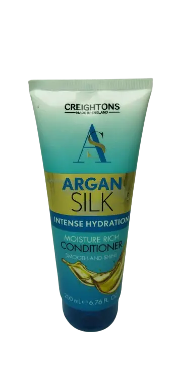 CREIGHTONS<br><b> ARGAN SILK Conditioner</b><br><h5><br> intense hydration, Moisture Rich, smooth and shine<br> 200ml</h5>Origine Angleterre <img style="vertical-align: middle;" src=" https://shorturl.at/qvUZ6">