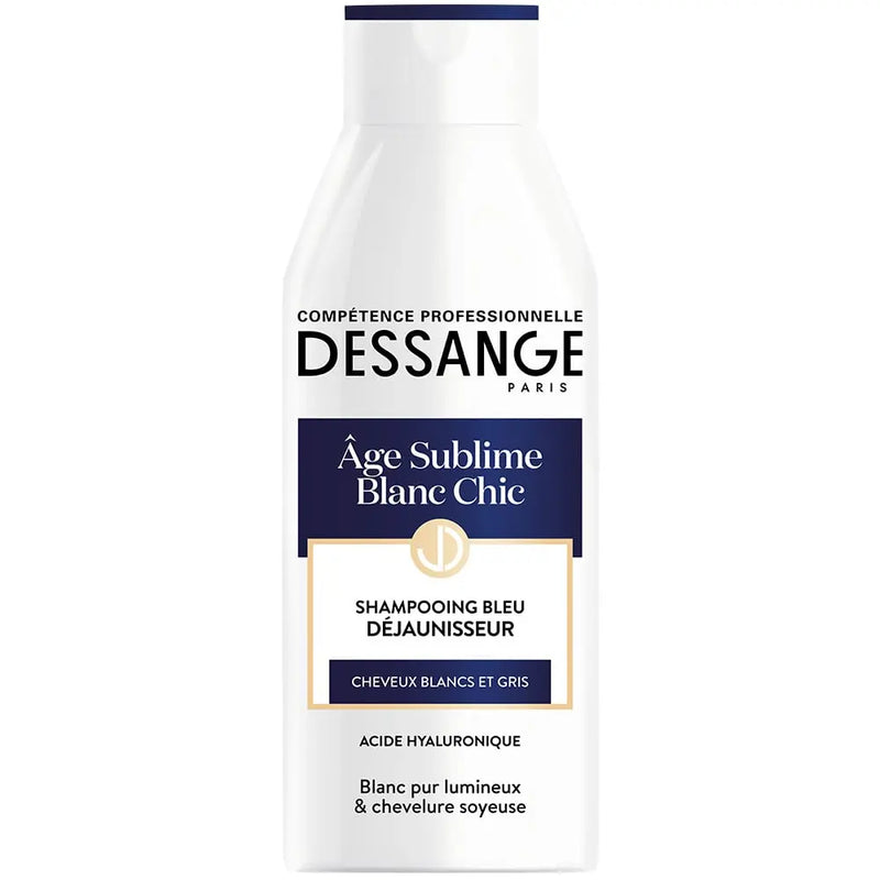 DESSANGE<br> <b> Age sublime blanc chic </b><br>Shampooing bleu déjaunisseur<br><h5>pour cheveux blancs et gris-250ml</h5>Origine France <img style="vertical-align: middle;" src="https://bit.ly/3VT5bp1">