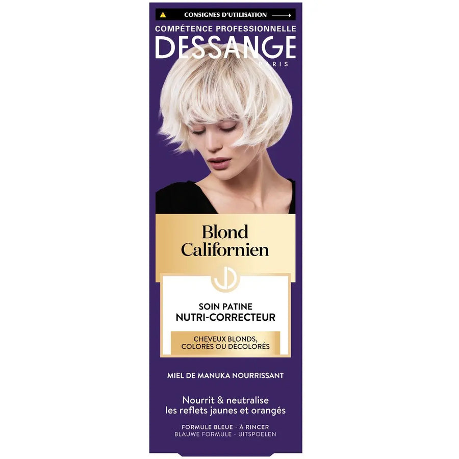 DESSANGE<br> <b> Blond Californien </b><br>soin patine nutri-correcteur<br><h5>masque pour cheveux blonds colorés ou décolorés-125ml</h5>Origine France </h6> <img style="vertical-align: middle;" src=" https://shorturl.at/bDMR9">