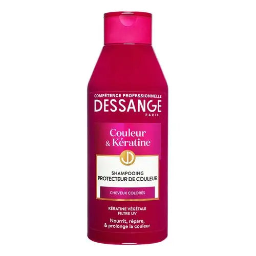 DESSANGE<br><b> Couleur & Kératine</b><br><h5><br> Shampooing protrcteur de couleur, Nourit, répare et préserve l couleur<br> Cheveux colorés250ml</h5>Origine France <img style="vertical-align: middle;" src="https://bit.ly/3VT5bp1">