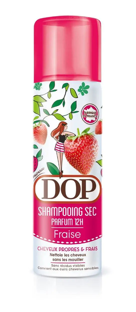 DOP<br> <b> SHAMPOOING Sec Fraise Parfum </b><br><h5>12H cheveux propres et frais-150ml</h5>Origine France <img style="vertical-align: middle;" src=" https://shorturl.at/bDMR9">