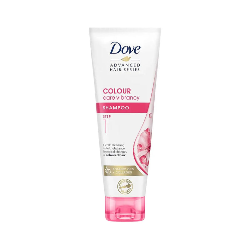 DOVE<br> <b>ADVANCED HAIR SERIES</b><br>Color care vibrancy<br><h5>Shampooing cheveux traités de couleur-250ml</h5>Origine Europe <img style="vertical-align: middle;" src="https://shorturl.at/stvQ3">