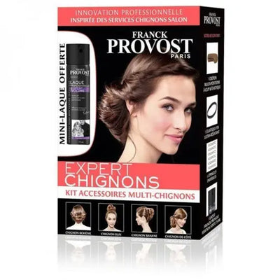 FRANCK PROVOST<br> <b> EXPERT CHIGNONS</b><br><h5>kit accessoires Multi-chignons+ laque-</h5>Origine France <img style="vertical-align: middle;" src=" https://shorturl.at/bDMR9">