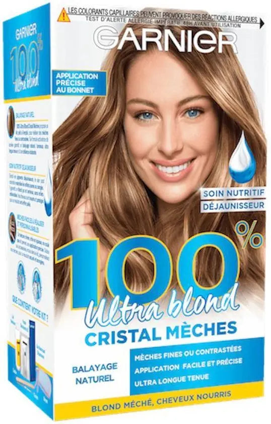 GARNIER<br> <b> 100% ULTRA BLOND CRISTAL mèches</b><br><h5>Coloration cheveux-75/20ml</h5>Origine France <img style="vertical-align: middle;" src=" https://shorturl.at/bDMR9">