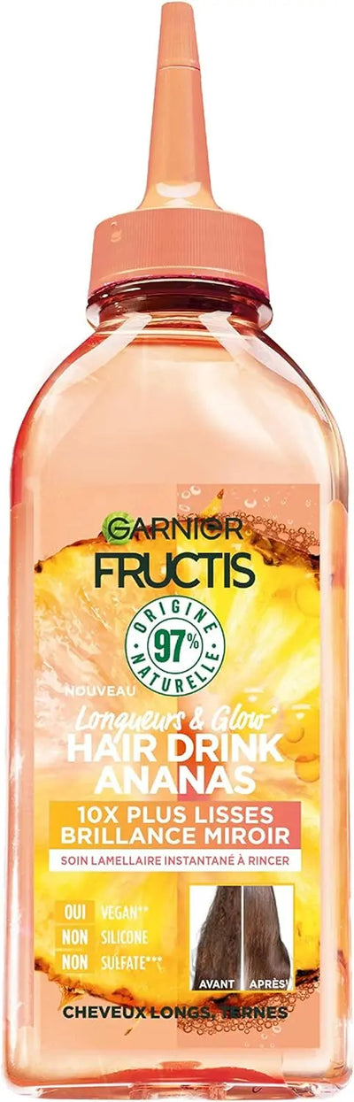 GARNIER<br> <b> FRUCTIS HAIR DRINK ANANAS longueurs & glow 10X PLUS LISSES BRILLANCE MIROIR</b><br><h5>Huile-200ml</h5>Origine France <img style="vertical-align: middle;" src=" https://shorturl.at/bDMR9">