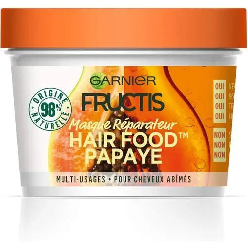 GARNIER<br> <b> FRUCTIS HAIR FOOD PAPAYE</b><br><h5>masque réparateur pour cheveux humides-390ml</h5>Origine France <img style="vertical-align: middle;" src=" https://shorturl.at/bDMR9">