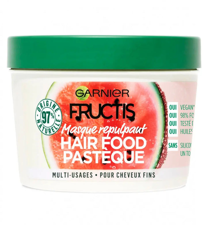 GARNIER<br> <b> FRUCTIS HAIR FOOD PASTEQUE masque repulpant</b><br><h5>Masque pour Cheveux fins-390ml</h5>Origine France <img style="vertical-align: middle;" src=" https://shorturl.at/bDMR9">