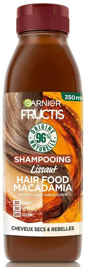 GARNIER<br> <b> FRUCTIS lissant HAIR FOOD MACADAMIA</b><br><h5>shampooing Lissant pour cheveux Secs-350ml</h5>Origine France <img style="vertical-align: middle;" src=" https://shorturl.at/bDMR9">