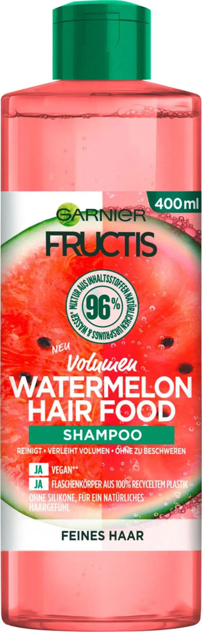 GARNIER<br> <b> SHAMPOOING HAIR FOOD VOUMEN PASTEQUE SHAMPOOING</b><br><h5>cheveux fins-400ml</h5>Origine France <img style="vertical-align: middle;" src=" https://shorturl.at/bDMR9">