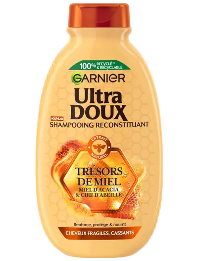 GARNIER<br> <b> SHAMPOOING RECONSTITUANT, TRESORS DE MIEL, miel d'acacia et cire d'abeille</b><br><h5>cheveux fragiles, cassants-250ml</h5>Origine France <img style="vertical-align: middle;" src=" https://shorturl.at/bDMR9">