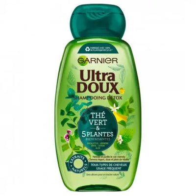 GARNIER<br> <b> SHAMPOOING détox, thé vert et 5 plantes</b><br><h5>tous types de cheveux-250ml</h5>Origine France <img style="vertical-align: middle;" src=" https://shorturl.at/bDMR9">