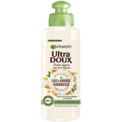 GARNIER<br> <b> ULTRA DOUX Lait d’amande nourricier</b><br><h5>Crème Soin cheveux-200ml</h5>Origine France <img style="vertical-align: middle;" src=" https://shorturl.at/bDMR9">