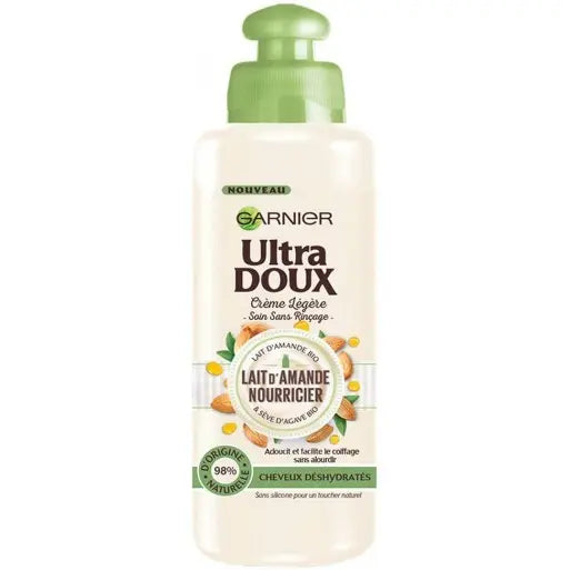 GARNIER<br> <b> ULTRA DOUX Lait d’amande nourricier</b><br><h5>Crème Soin cheveux-200ml</h5>Origine France <img style="vertical-align: middle;" src=" https://shorturl.at/bDMR9">