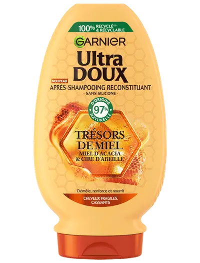 GARNIER<br> <b>ULTRA DOUX</b><br>Après SHAMPOOING RECONSTITUANT, Trésors de miel, miel d'acacia & cire d'abeille<br><h5>cheveux fragiles, cassants-250ml</h5>Origine France <img style="vertical-align: middle;" src=" https://shorturl.at/bDMR9">