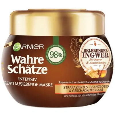 GARNIER<br> <b> WAHRE SCHATZE</b><br><h5>Masque pour cheveux ternes-300ml</h5>Origine Turquie <img style="vertical-align: middle;" src=" https://shorturl.at/cyMX1">