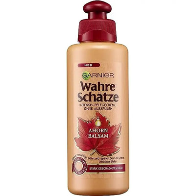 GARNIER<br> <b> Wahre schatze AHORN BALSAM</b><br><h5>Crème pour cheveux abîmés-200ml</h5>Origine Turquie <img style="vertical-align: middle;" src=" https://shorturl.at/cyMX1">