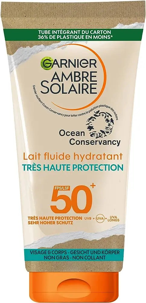 GARNIER<br> <b> AMBRE SOLAIRE Ocean Conservancy 50 très haute protection</b><br><h5>LAIT FLUIDE HYDRATANT-175ml</h5>Origine France <img style="vertical-align: middle;" src=" https://shorturl.at/bDMR9">