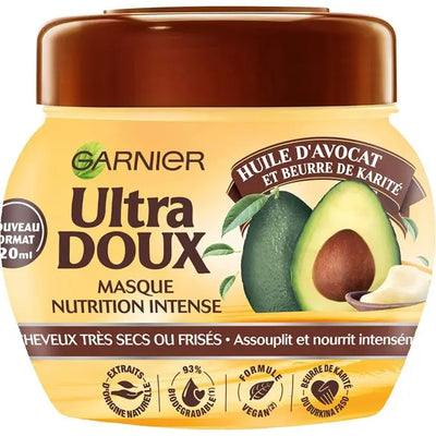 GARNIER<br> <b> ULTRA DOUX</b><br><h5>Masque nutrition intense pour cheveux secs-320ml</h5>Origine France <img style="vertical-align: middle;" src=" https://shorturl.at/bDMR9">