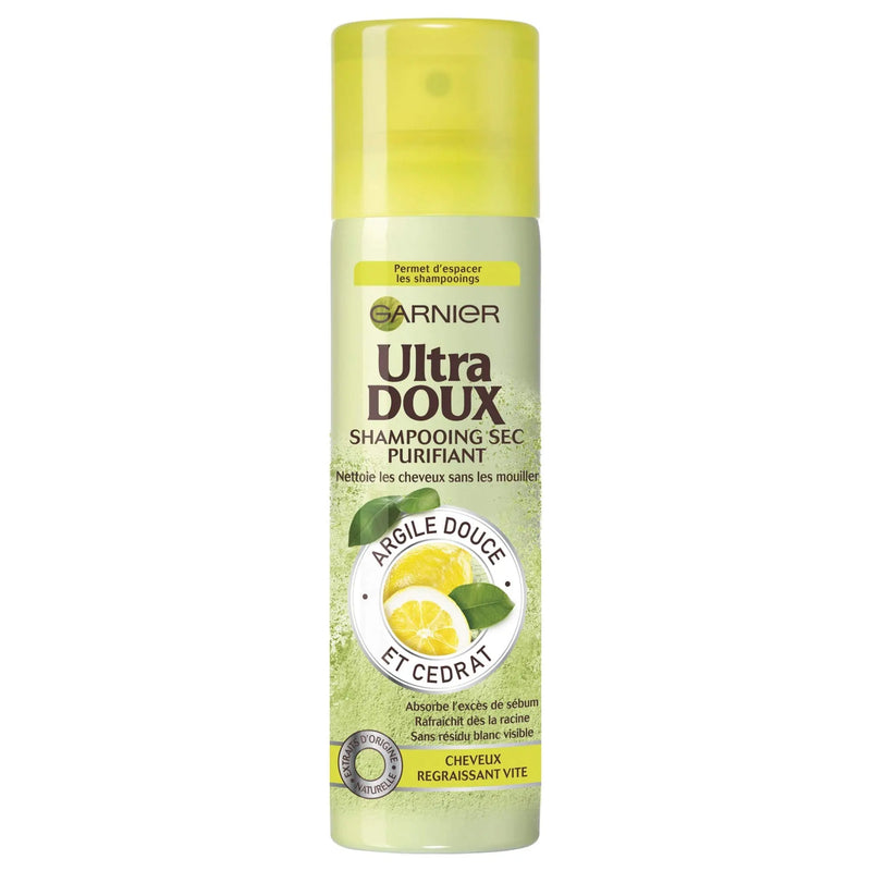 GARNIER<br> <b> ULTRA DOUX SHAMPOOING sec purifiant argile douce et cedrat</b><br><h5> pour cheveux secs-150ml</h5>Origine France <img style="vertical-align: middle;" src=" https://shorturl.at/bDMR9">