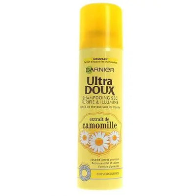 GARNIER<br> <b> ULTRA DOUX SHAMPOOING sec purifie & illumine extrait de camomille</b><br><h5> pour cheveux blonds-150ml</h5>Origine France <img style="vertical-align: middle;" src=" https://shorturl.at/bDMR9">