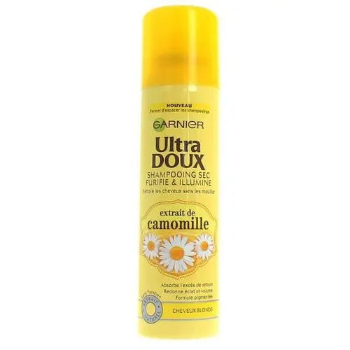 GARNIER<br> <b> ULTRA DOUX SHAMPOOING sec purifie & illumine extrait de camomille</b><br><h5> pour cheveux blonds-150ml</h5>Origine France <img style="vertical-align: middle;" src=" https://shorturl.at/bDMR9">