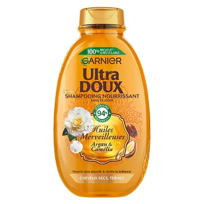 GARNIER<br> <b> SHAMPOOING NOURRISSANT, huiles merveilleuses agran et camélia</b><br><h5>cheveux secs, ternes-300ml</h5>Origine France <img style="vertical-align: middle;" src=" https://shorturl.at/bDMR9">