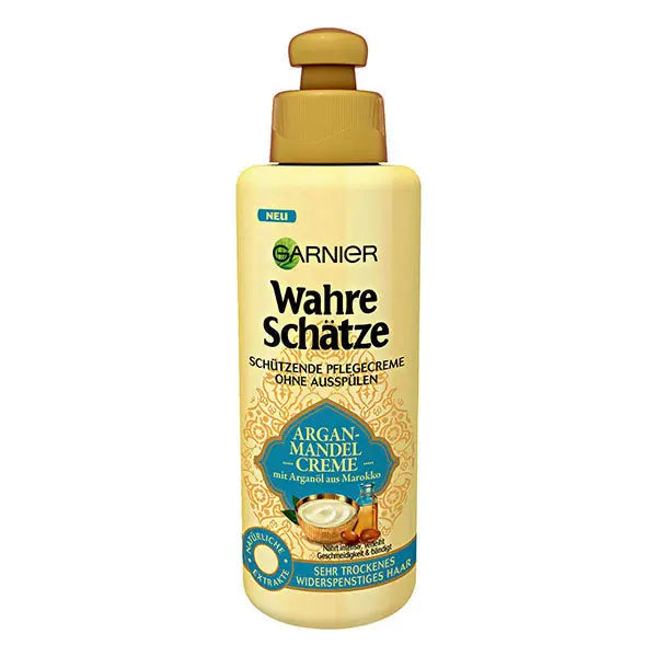 GARNIER<br> <b> WAHRE SCHATZE ARGAN MANDEL</b><br><h5>Crème pour cheveux abîmés-200ml</h5>Origine Turquie <img style="vertical-align: middle;" src=" https://shorturl.at/cyMX1">