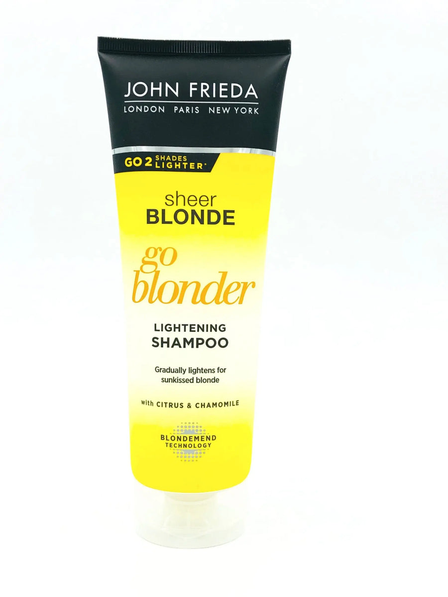 JOHN FRIEDA<br> <b> SHEER BLONDE </b><br>GO BLONDER LIGHTENING SHAMPOO<br><h5>Shampooing-cheveux colorés-175ml</h5>Origine Angleterre <img style="vertical-align: middle;" src=" https://shorturl.at/qvUZ6">