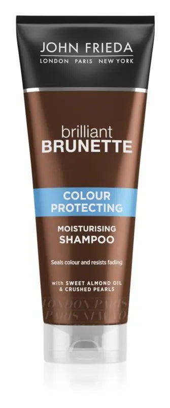 JOHN FRIEDA<br> <b> Shampooing Nutrition, Brillant Brunette, Protection Couleur</b><br><h5>-250ml</h5>Origine France </h6> <img style="vertical-align: middle;" src=" https://shorturl.at/bDMR9">