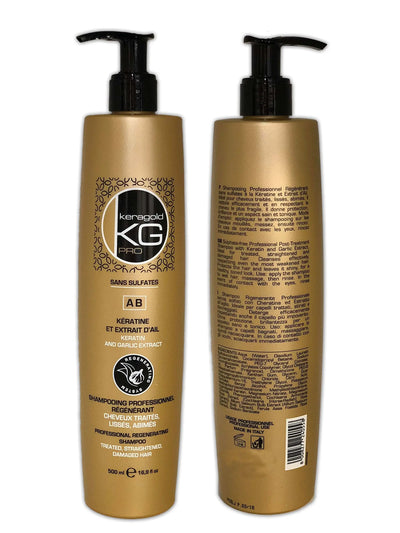 KERAGOLD pro<br> <b> SHAMPOOING PROFESSIONNEL kératine et extrait d’ail AB</b><br><h5>cheveux traités, lissés, abimés-500ml</h5>