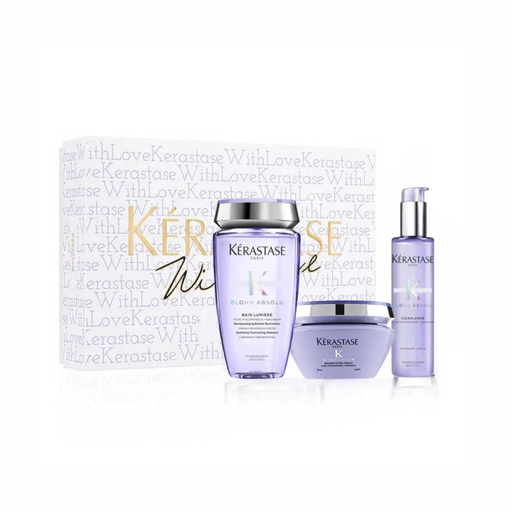 Kérastase <br> <b>With love Cicaextreme BLOND ABSOLU</b> <br> <h5>Pack shampoing + sérum + masque </h5>Origine Europe <img style="vertical-align: middle;" src="https://shorturl.at/stvQ3">