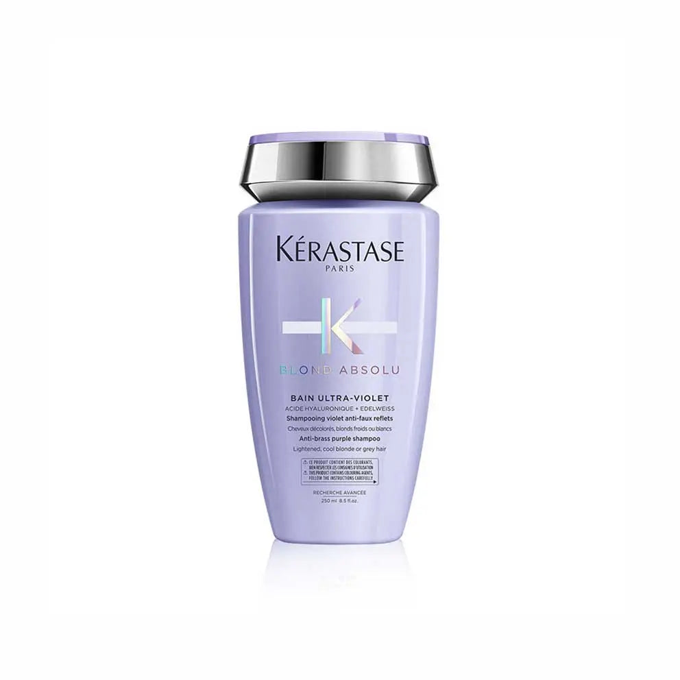 Kérastase <br> <b>BLOND ABSOLU BAIN ULTRA – VIOLET</b> <br> <h5>Shampoing cheveux blonds et gris - 250 ml </h5>Origine Europe <img style="vertical-align: middle;" src="https://shorturl.at/stvQ3">