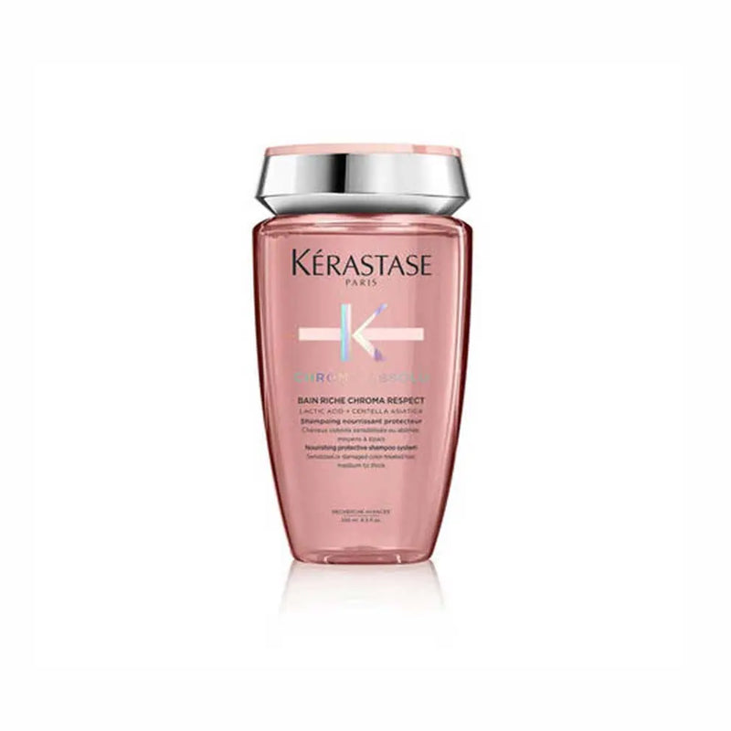 Kérastase <br> <b>CHROMA ABSOLU BAIN RICHE CHROMA RESPECT</b> <br> <h5>Shampoing tous types de cheveux - 250 ml </h5>Origine Europe <img style="vertical-align: middle;" src="https://shorturl.at/stvQ3">