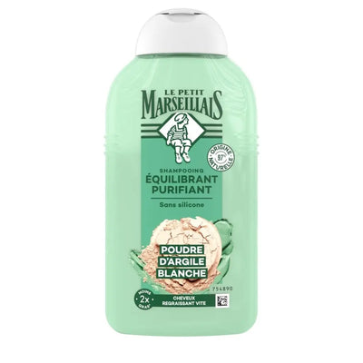 LE PETIT MARSEILLAIS<br><b>Shampoing Équilibrant Puri</b><br>Poudre d’Argile Blanche sans silicone<br><h5>cheveux regraissant-250</h5>Origine France <img style="vertical-align: middle;"src="https://bit.ly/3VT5bp1">