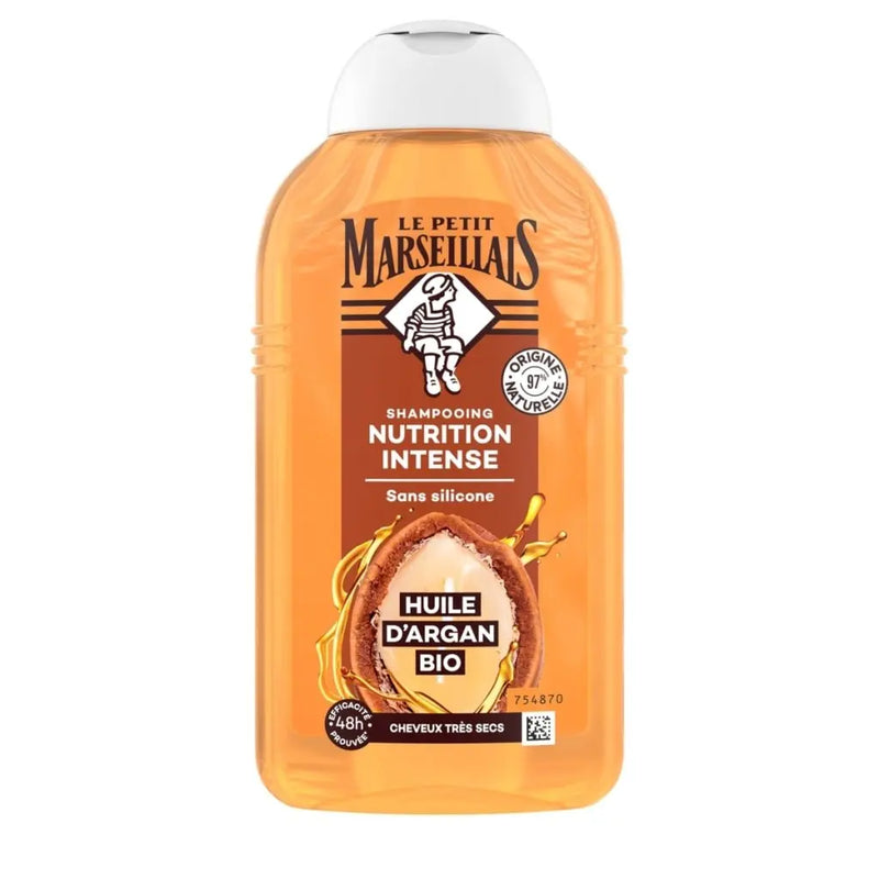 LE PETIT MARSEILLAIS<br><b>Shampooing Nutrition Intense</b><br>Huile d’Argan BIO<br><h5>cheveux très secs-250ml</h5>Origine France <img style="vertical-align: middle;"src="https://bit.ly/3VT5bp1">