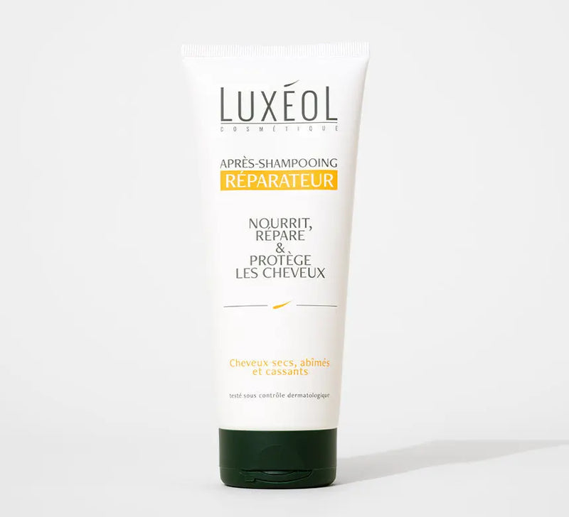 LUXEOL<br> <b> Après Shampooing Réparateur</b> <br><h5>cheveux secs, abîmés et cassants-200ml</h5>Origine France <img style="vertical-align: middle;" src=" https://shorturl.at/bDMR9">