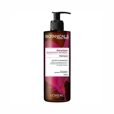 L'Oréal Paris <br> <b>BOTANICALS Geranium </b> <br> <h5>Shampooing cheveux ternes ou colorés - 400 ml </h5>Origine Europe <img style="vertical-align: middle;" src="https://shorturl.at/stvQ3">