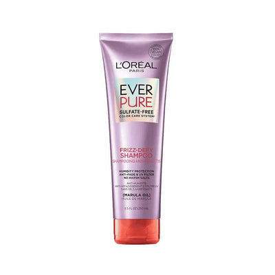 L'Oréal Paris<br><b>EVER PURE Frizz defy shampoo</b><br><h5>Shampooing cheveux crépus ou secs - 250 ml </h5>Origine France <img style="vertical-align: middle;" src=" https://shorturl.at/bDMR9">