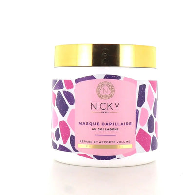 NICKY paris<br> <b> MASQUE CAPILLAIRE AU COLLAGENE</b><br>répare et apporte volume<br><h5>500ml</h5>Origine France <img style="vertical-align: middle;" src=" https://shorturl.at/bDMR9">