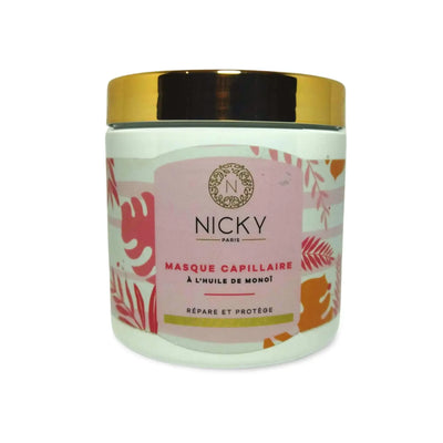 NICKY paris<br> <b> MASQUE CAPILLAIRE A L'HUILE DE MONOI</b><br>répare et protège<br><h5>500ml</h5>Origine France <img style="vertical-align: middle;" src=" https://shorturl.at/bDMR9">