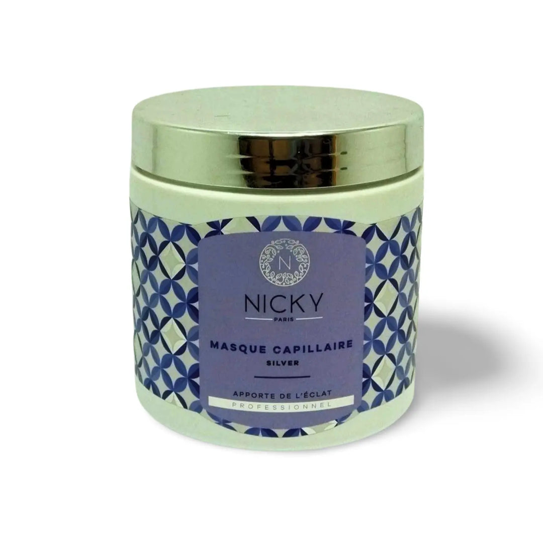 NICKY paris<br> <b> MASQUE CAPILLAIRE silver</b><br>apporte de l'éclat<br><h5>500ml</h5>Origine France <img style="vertical-align: middle;" src=" https://shorturl.at/bDMR9">