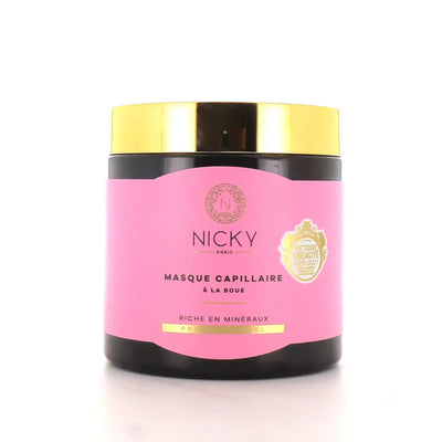 NICKY paris<br> <b>Masque capillaire à la Boue</b><br>riche en minéraux<br><h5>Masque-500ml</h5>Origine France <img style="vertical-align: middle;" src=" https://shorturl.at/bDMR9">