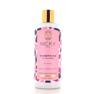 NICKY paris<br> <b> SHAMPOOING AU COLLAGENE</b><br>répare et apporte volume<br><h5>pour cheveux fins et sans -500ml</h5>Origine France <img style="vertical-align: middle;" src=" https://shorturl.at/bDMR9">