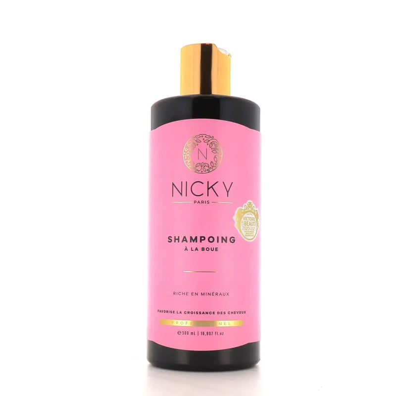 NICKY paris<br> <b>Shampooing à la Boue</b><br>riche en minéraux<br><h5>Shampooing-500ml</h5>Origine France <img style="vertical-align: middle;" src=" https://shorturl.at/bDMR9">