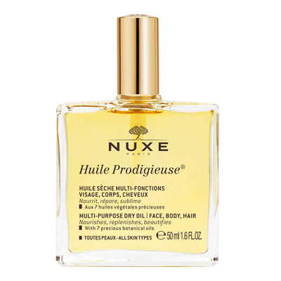 NUXE<br> <b> HUILE PRODIGIEUSE aux 7 huiles végétales présieuses</b><br><h5>100ml</h5>Origine France </h6> <img style="vertical-align: middle;" src=" https://shorturl.at/bDMR9">