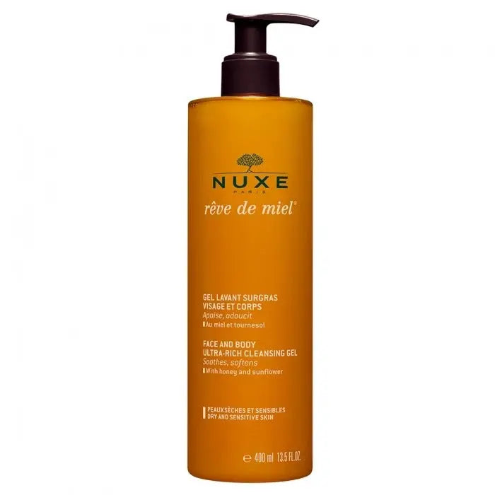 NUXE<br> <b> Rêve de miel gel lavant surgras</b><br><h5>Gel douche-400ml</h5>Origine France </h6> <img style="vertical-align: middle;" src=" https://shorturl.at/bDMR9">