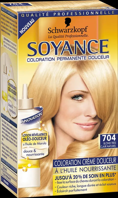 SCHWARZKOPF<br> <b> SOYANCE 704 BLOND TRES CLAIR NATUREL</b><br><h5>Coloration cheveux-60ml</h5>Origine France </h6> <img style="vertical-align: middle;" src=" https://shorturl.at/bDMR9">