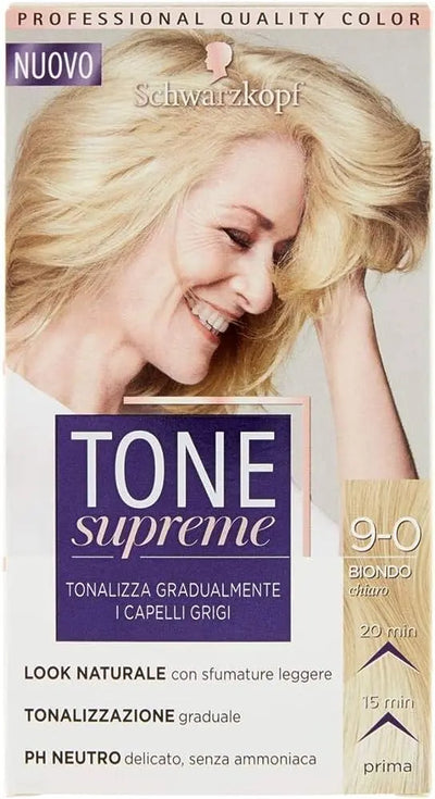 SCHWARZKOPF<br> <b> TONE supreme 9-0 Biondo chiaro</b><br><h5>Coloration cheveux-60ml</h5>Origine France </h6> <img style="vertical-align: middle;" src=" https://shorturl.at/bDMR9">